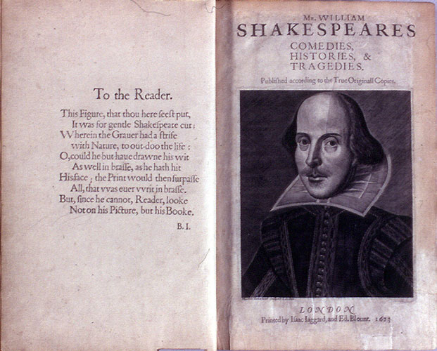 Shakespeare, First Folio (1623): title page and poem by B.I. on contiguous page