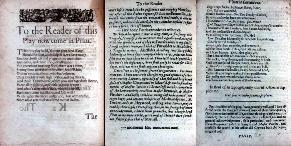 Webster, The White Devil, To the Reader (1631): A2r, A2v; 27.3 Webster, The White Devil, final note (1631): M2v