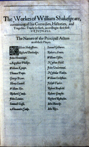 Shakespeare, First Folio (1623): list of principal actors