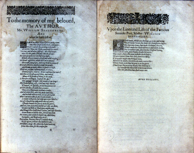 Shakespeare, First Folio, To the memory of my beloud, the AVTHOR 
  by Ben: Ionson (2 pages)