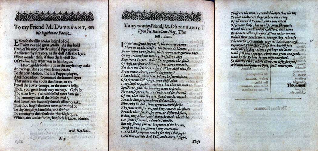 Davenant, The Just Italian (1630): sigs. A3r, A3v, A4r
