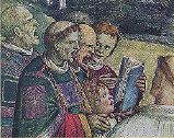 Medieval manuscript illustration showing three singers