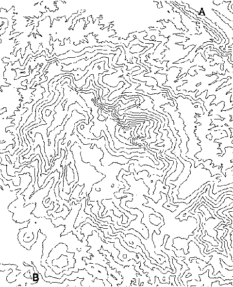   Contour map of Pike's Peak in Colorado with contours
 every 100 meters