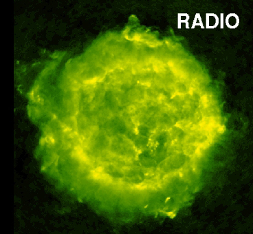 
 Yet another version of the exploded-star remnant. In this radio image, color
stands for intensity or brightness, with the green areas being less intense and
the yellow areas brighter.