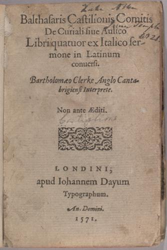 De Curiali sive Aulico libri quatuor ex Italico ... Bartholomaeo Clerke