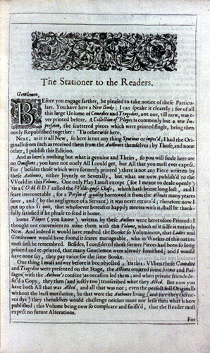 1.4 Beaumont and Fletcher Folio, The Stationer to the Readers, (1647): 
  A4r