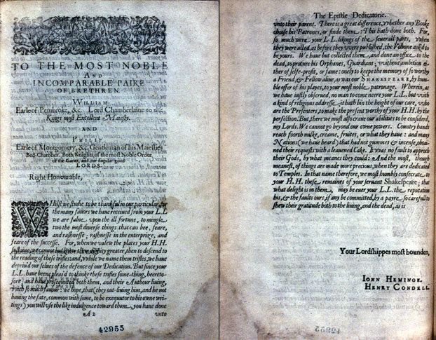 Shakespeare, First Folio (1623): A2r, A2v