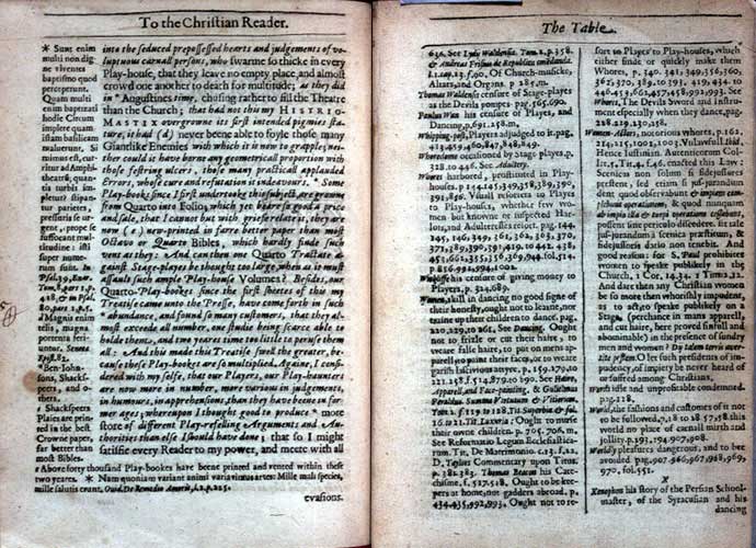 Prynne, Histriomastix (1633): sigs. **6v (marginal note on book trade), 
  R5r4r (index entry on women actors)